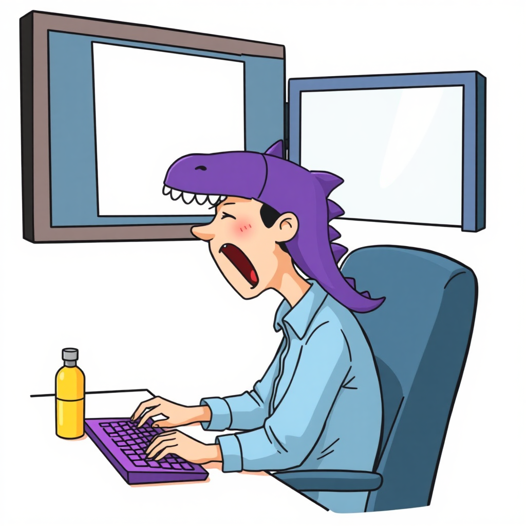 A high-quality illustration of a person sitting at a desk in front of a computer, yawning, with a purple dinosaur-themed cap and light blue shirt. The desk has a computer screen, a keyboard with purple keys, and a yellow bottle beside it. The view is the same as the original image with a light pink background and similar details, but the person now has a dinosaur cap instead of the original one.