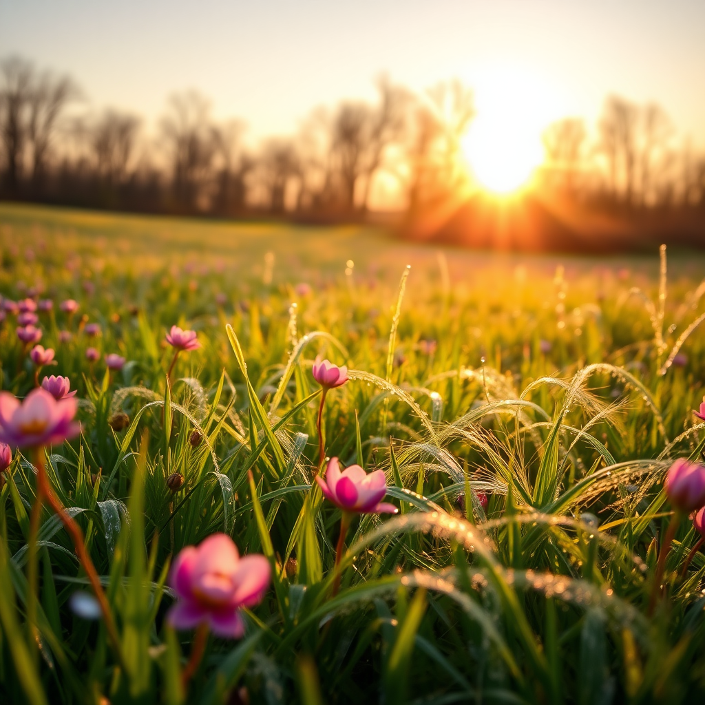 A BEAUTIFUL SPRING LANDSCAPE AT SUNRISE WITH THE IMAGE OF CLOTHES, THE FLOWERS IN THE GRASS AND WITH WAVES OF MORNING DEW.