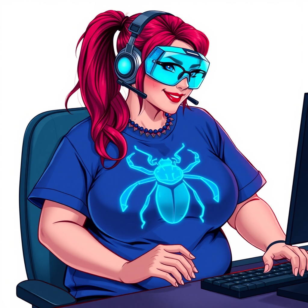 A cyberpunk vigilante’s full-figured intelligent and tech-savvy 29-year-old girlfriend, who is a computer hacker and tech genius. She has a long ruby red ponytail and bright blue eyes. She wears a sapphire beetle gemstone necklace, and an oversized maximum blue t-shirt featuring a giant neon blue glowing icon of a beetle on its chest. She has a full-figured physique with a prominently, gargantuan, well-rounded midsection, reflecting her well-cared-for lifestyle. She sports a sapphire headset with hi-tech maximum turquoise lensed HUD visor, black eyeglasses, and a beaming smile with a passionate bright red blush. Despite her figure and a lack of self-esteem, she radiates an air of beauty. She has a slim face which contributes to her radiant beauty. She serves as his tech expert from his hideout, diligently working at her lab table and computer desk. The background is solid white. She is drawn as if she was in a retro 2D cyberpunk fighting game.