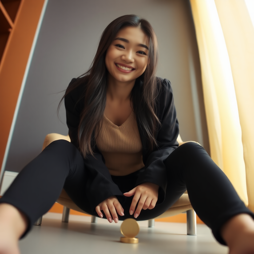 photo low angle full body shot beautiful xiaomeimei looking down. She is sitting on a chair. she is grinning. there is a coin on the floor in front of her