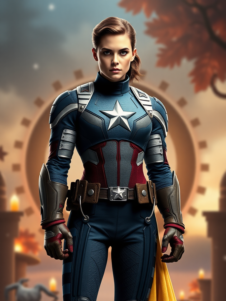 Create a full-length rendered image of Captain America, using the female figure of Snow White for the body. Retain Captain America's head, hairstyle, and facial features. Integrate elements of Snow White's costume into Captain America's attire, adjusting it to fit the new proportions. Design the background inspired by both characters, incorporating iconic symbols and settings that reflect their worlds, merging the heroic and fairytale atmospheres seamlessly. Ensure the image captures the strength of Captain America alongside the whimsy and charm of Snow White, resulting in a unique and visually striking character fusion.