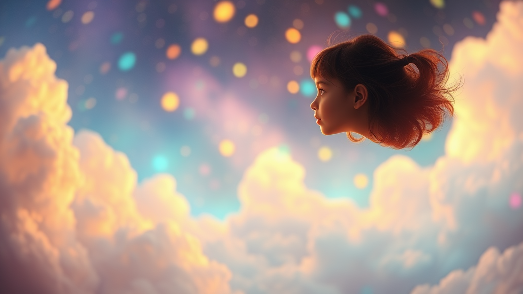 mandelbulb clouds, microscopy, Low Key Lighting, dreamscape, nebula, Bokeh, abstract, brilliant colors, glittering, translucent, iridescent, glowing, artistic photo, panoramic, airy, original, experimental, interdimensional, generative art, calm, preteen girl floating in the distance