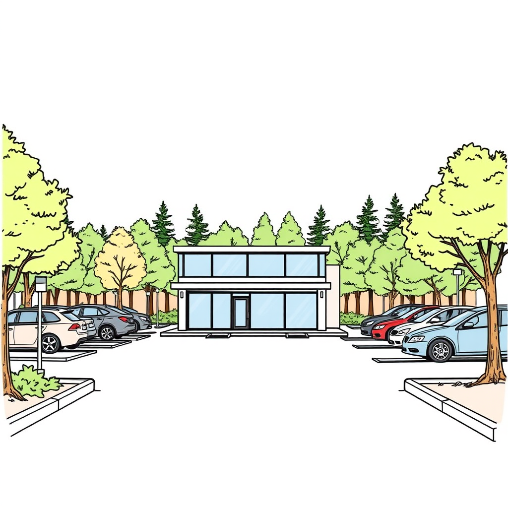 small company parking lot, borders, trees, wood outskirt, long establishing shot, 2D, caricature, cartoon, Sketch lines, coloring book, coloring book style on white background, well composed, clean coloring book page, No dither, no gradient, strong outline, No fill, No solids, vector illustration, realistic proportions, left side view