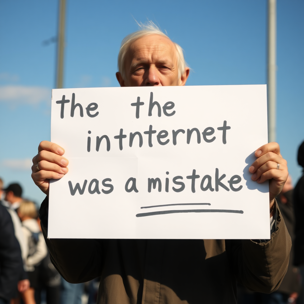 an old man holding a sign that says "the internet was a mistake"