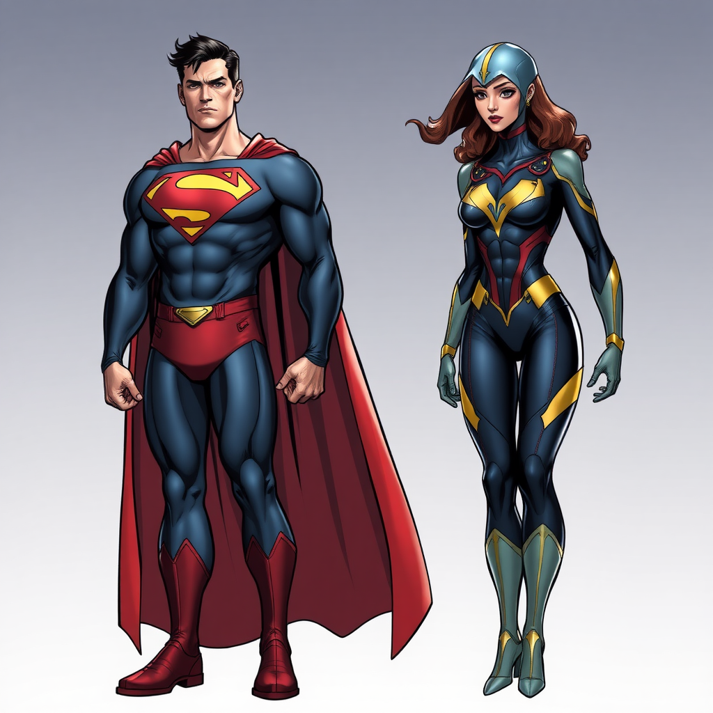 Generate a full-length image of Superman with the body traits of Atom Eve from the Invincible comic. Modify Superman's body shape to match Atom Eve's physique. Keep Superman's core costume but incorporate embellishments and elements from Atom Eve's design. The background should be an appropriate setting that suits both characters.