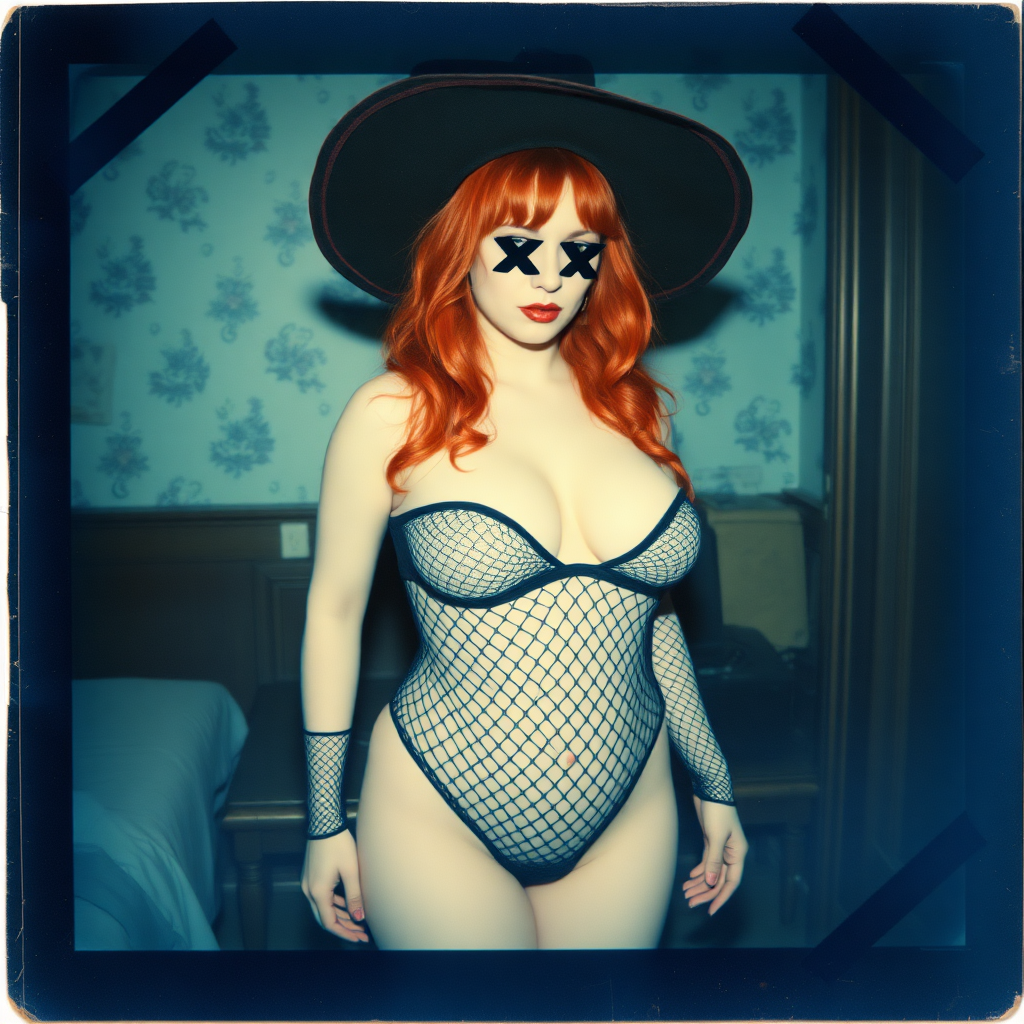 Scan of an old polaroid photo with heavy dark vignetting and a blue color tint to the photograph and visible light leaks. The photo depicts a sexy alt goth girl with pale skin and red hair. She has a plump booty. She has large breasts with ample cleavage and is wearing a black fishnet bodysuit. She is wearing a witch hat. The image looks hazy and grungy. She is in an old house with wallpaper on the walls. Dark lighting with camera flash used. Candid. Black x's of tape barely covering her nipples.