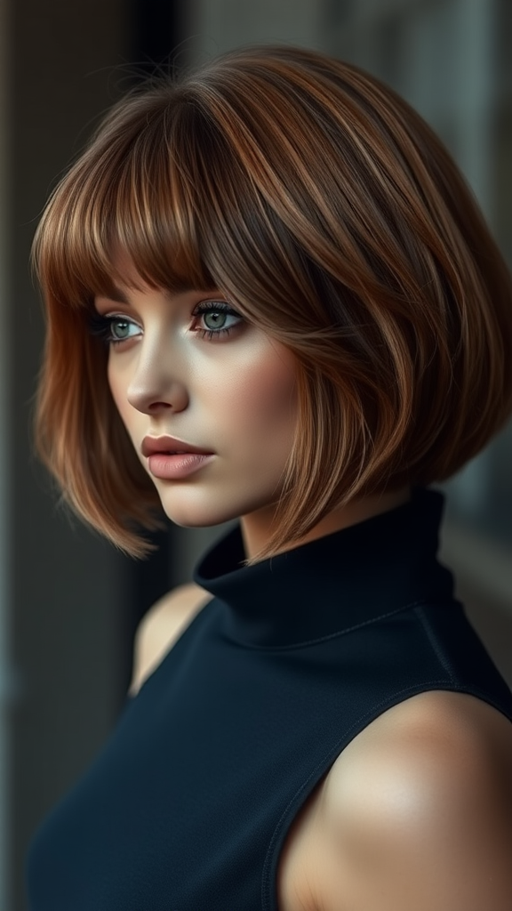 Beautiful model Diletta Leotta with a Bowl Cut hairstyle in different shades, with autumn chestnut foliage, in high definition.