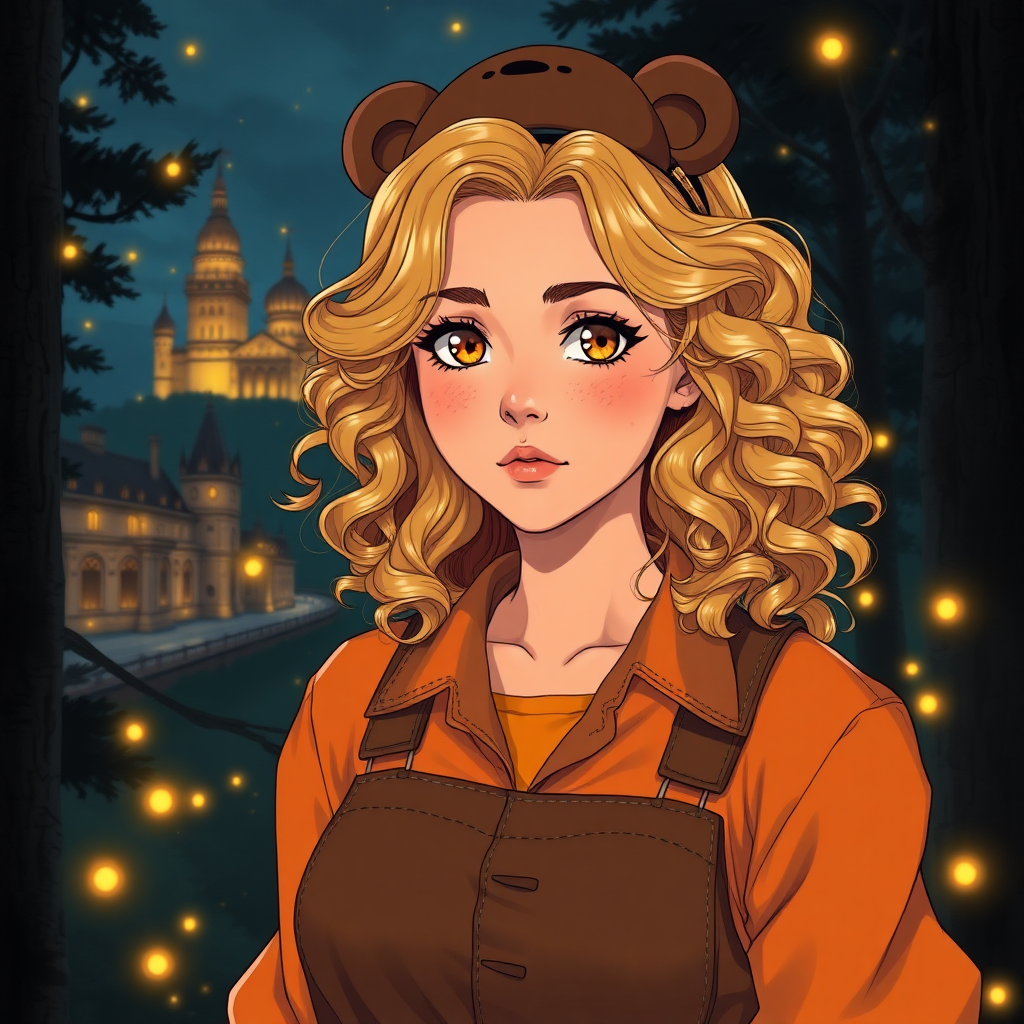 Create a detailed, 80s anime-style image of a 25-year-old woman with olive skin. Her eyes are amber and orange in color. Her hair is voluminous and curly to her shoulders. She has delicate features and her face is strong and cute at the same time. She wears a brown jumpsuit and an orange blouse underneath. She has freckles on her face. It's in the middle of a dark forest, lit by fireflies that glow softly. In the background, a city with fantastic architecture, giving a magical touch to the scene. The image must be anime style, capturing every detail with precision and 8k quality. It looks like a photograph. Extremely anime. 25 years old. She wears a bear clip on her head. Beautiful. Beautiful. Extremely realistic. Beautiful appearance. Shiny golden blonde hair.