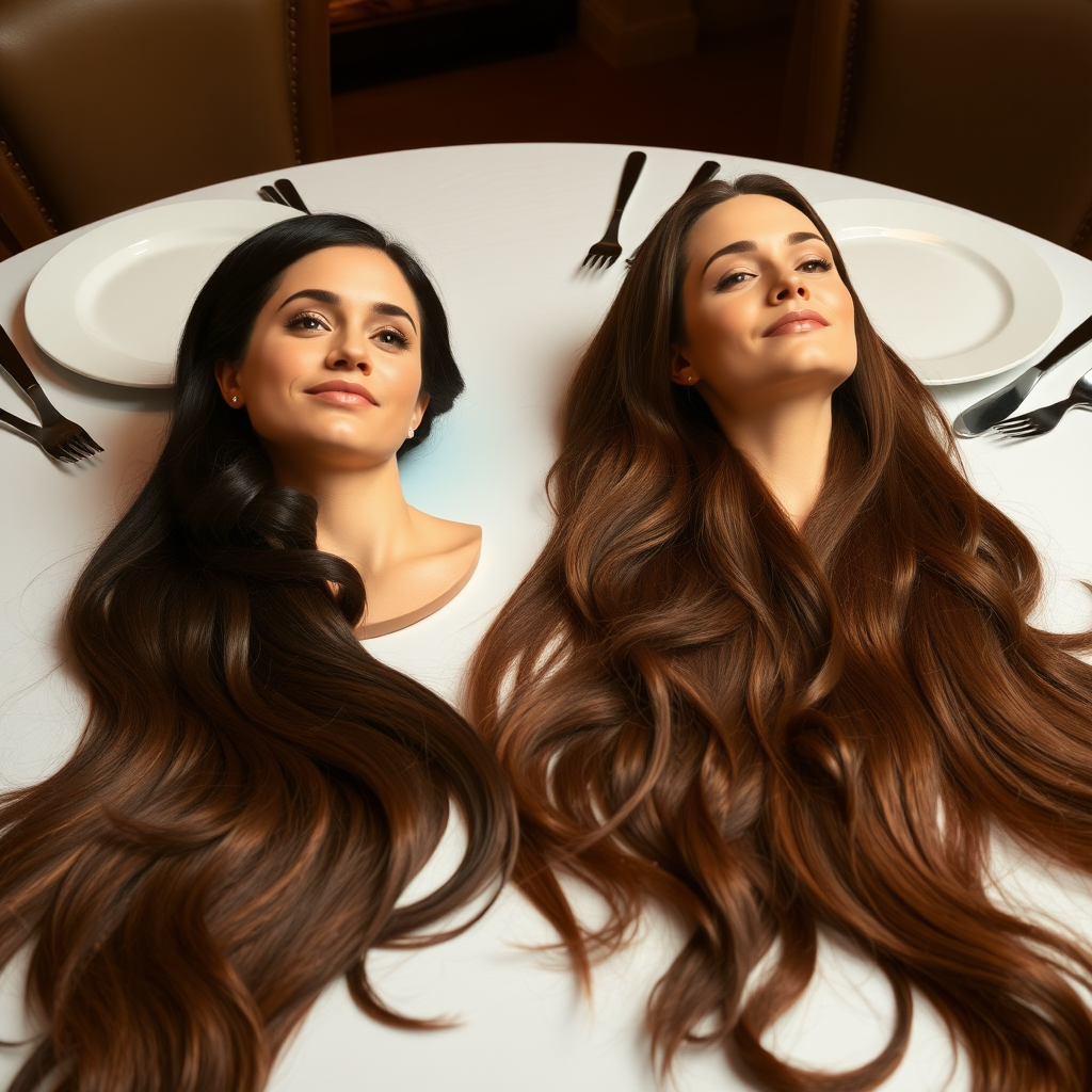 Surreal image of the disembodied heads of very long haired Meghan Markle and Kate Middleton served on plates. Their beautiful hair spread out all over the table.