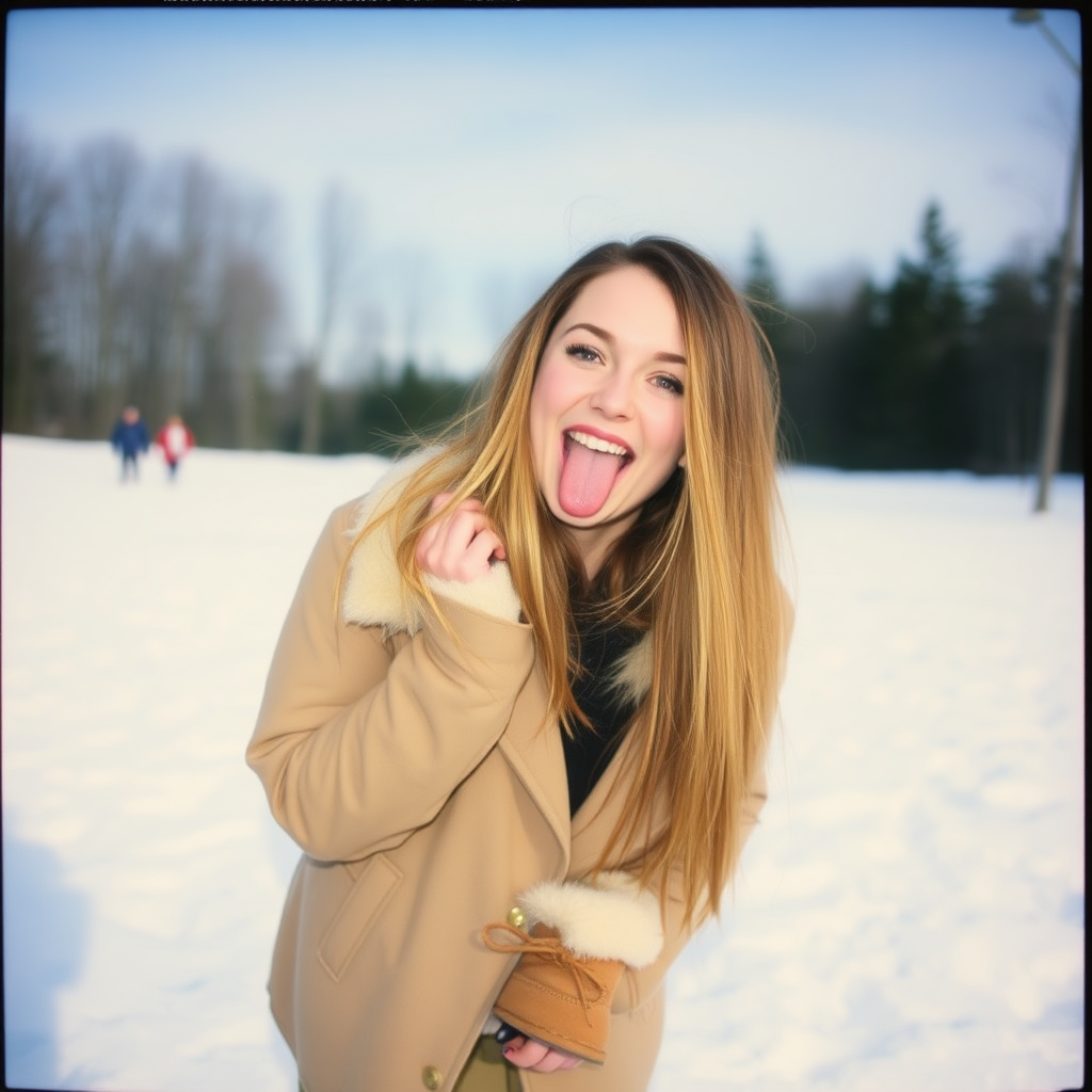 An amateur, underexposed photograph of a model sticking her tongue out and smiling. She is in the snow. She is wearing warm boots. It is daytime.