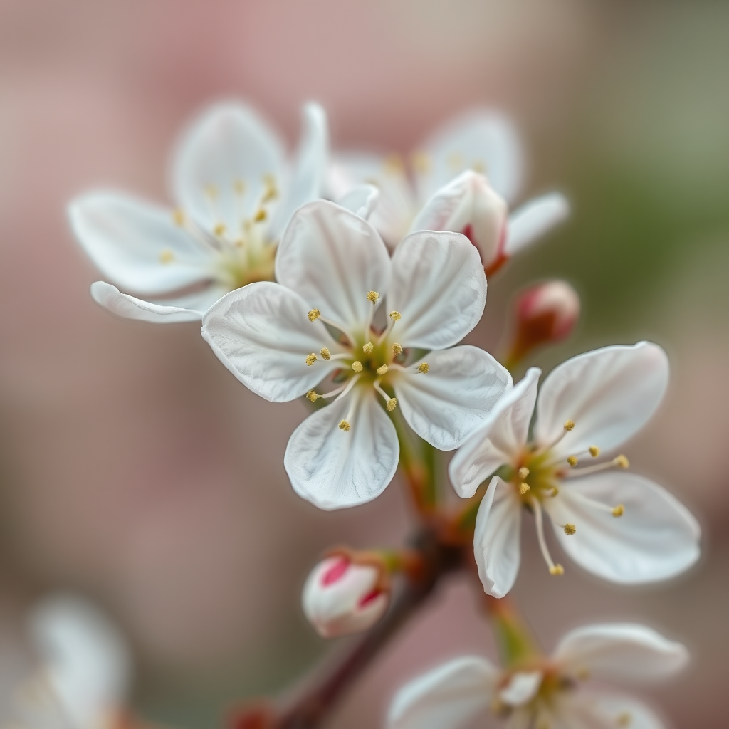 Delicate close-up of white flowers with soft green stamens, showcasing intricate details of petals and pollen. The background features a dreamy blurred gradient in shades of soft pink and muted green, enhancing the ethereal quality of the scene. The image captures a serene, hyperrealistic aesthetic, emphasizing the fragile beauty of nature and the intricate textures of the blossoms, creating a tranquil and inviting atmosphere.