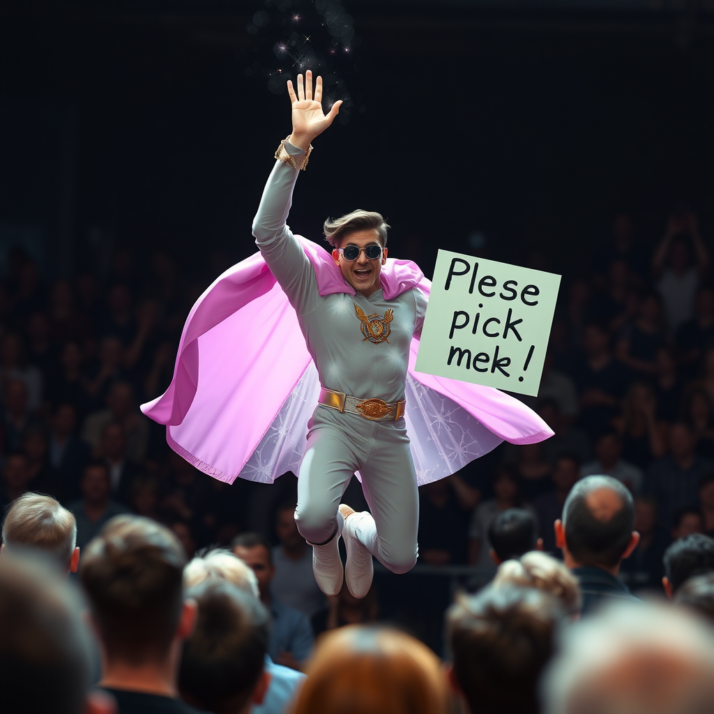 An ethereal mystic superhero eagerly jumps out of a crowd raising and waving his hand. His other hand holds a sign that reads "Please pick me!"