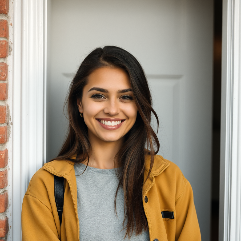 A young woman smirking and leaning against a doorframe