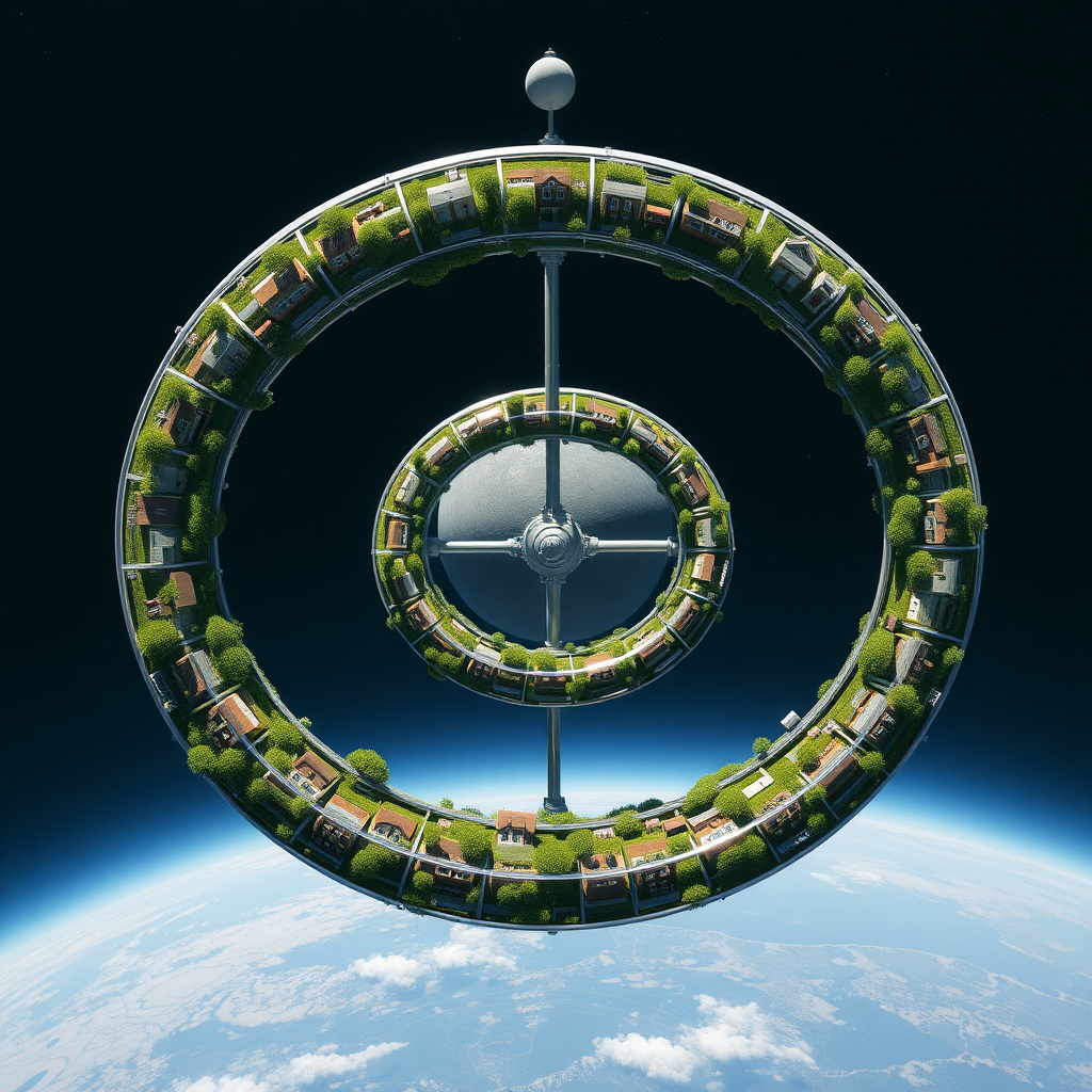 Three space stations parallel to each other, each with 5 glass doughnut rings stacked on a metal rod in the center, are orbiting a grey planet at a distance. Each ring contains neighborhoods of houses and is full of plants, trees, bushes, flowers, and grass.