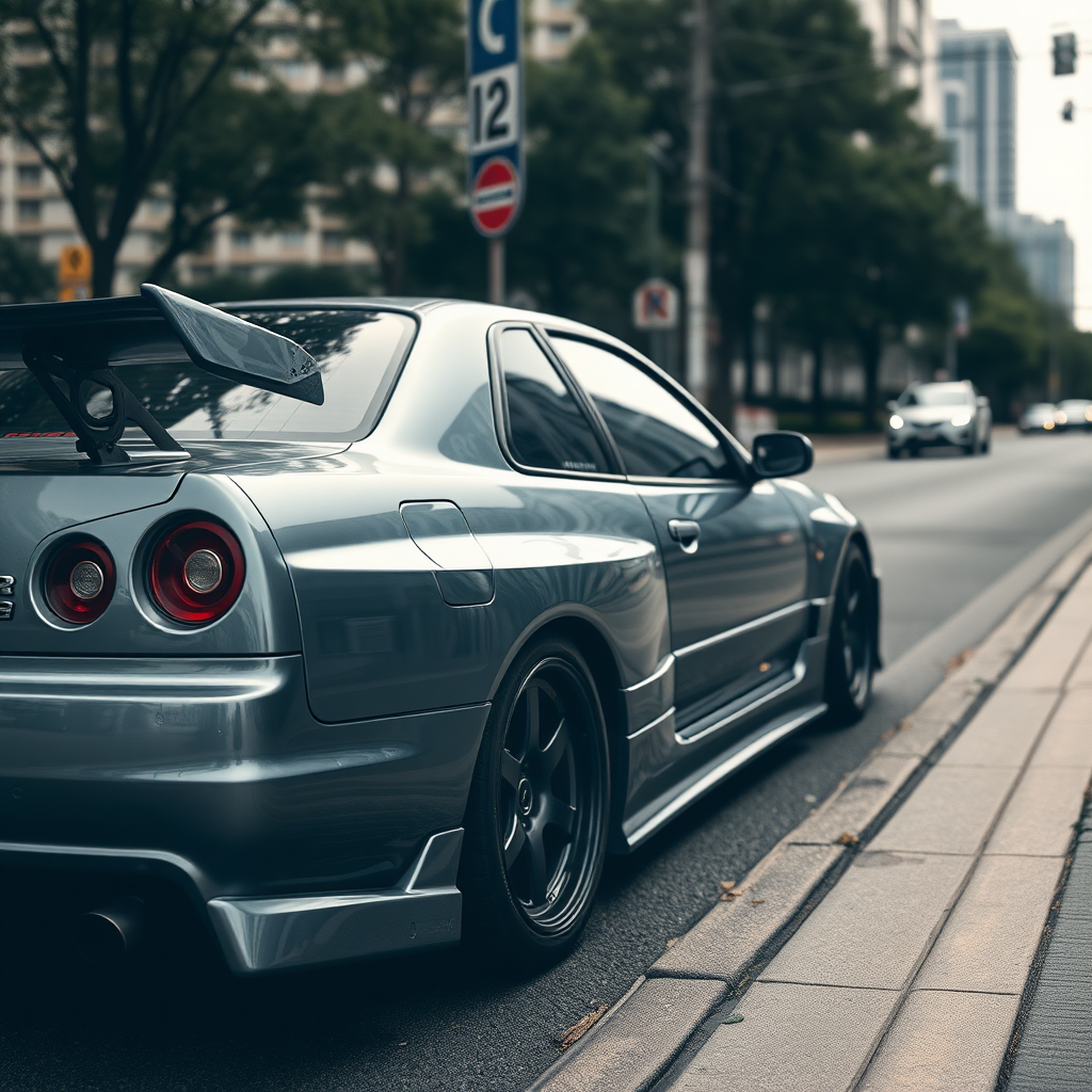 The car is parked on the side of the road, inspired by Taiyō Matsumoto, tumblr, restomod, nd4, c4 metallic shine gray black nissan skyline r34 tokyo arkaplan hatasız tam eksiksiz ayrıntılı genel gerçek detaylar en iyi fotoğraf poz sinematik