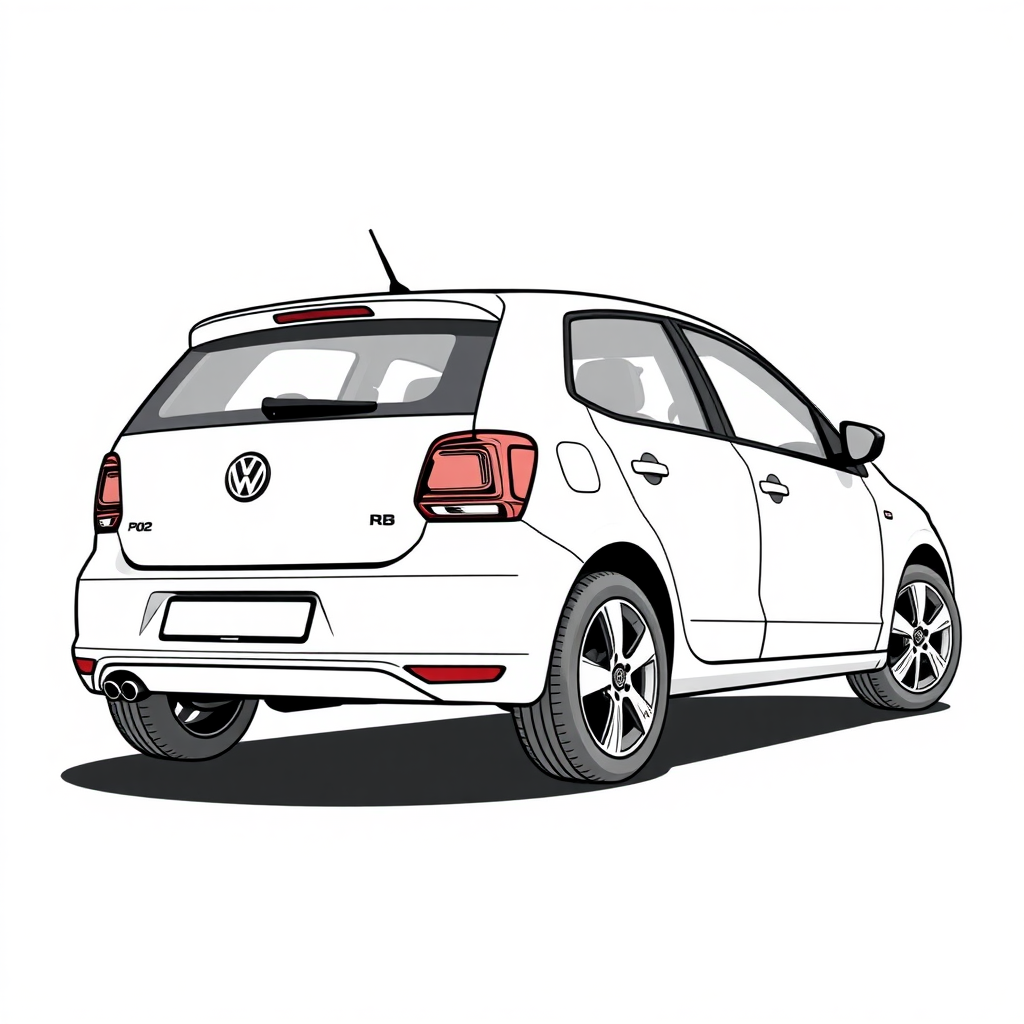 white vw polo V car, long establishing shot, 2D, caricature, cartoon, Sketch lines, coloring book, coloring book style on white background, well composed, clean coloring book page, No dither, no gradient, strong outline, No fill, No solids, vector illustration, realistic proportions, side rear view