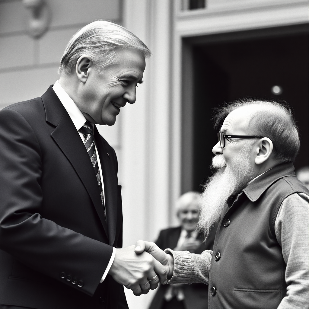 The previous president of the United States, shaking the hand of a dwarf.