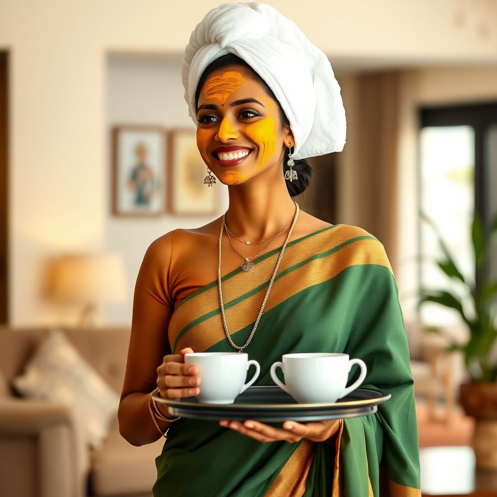 slim, 30 year old, indian Bride, towel head, turmeric face mask, saree. She is smiling and serving coffee on a tray in living room.