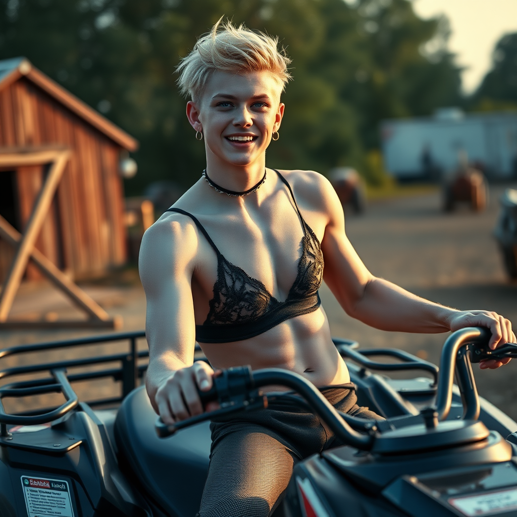 photorealistic, ultra high resolution, 16K, surreal fantasy, soft studio lighting, Caleb Swift is a pretty 16 year old goth male, slim male physique, blonde hair, blue eyes, goth makeup, earrings, sparkling blue-gray pantyhose, black lacy trainer-bra, stilettos, spikey neck collar, riding a quadbike in the farm yard during daytime, excited open mouth smile, bulging male crotch, full body in wide view facing the camera.