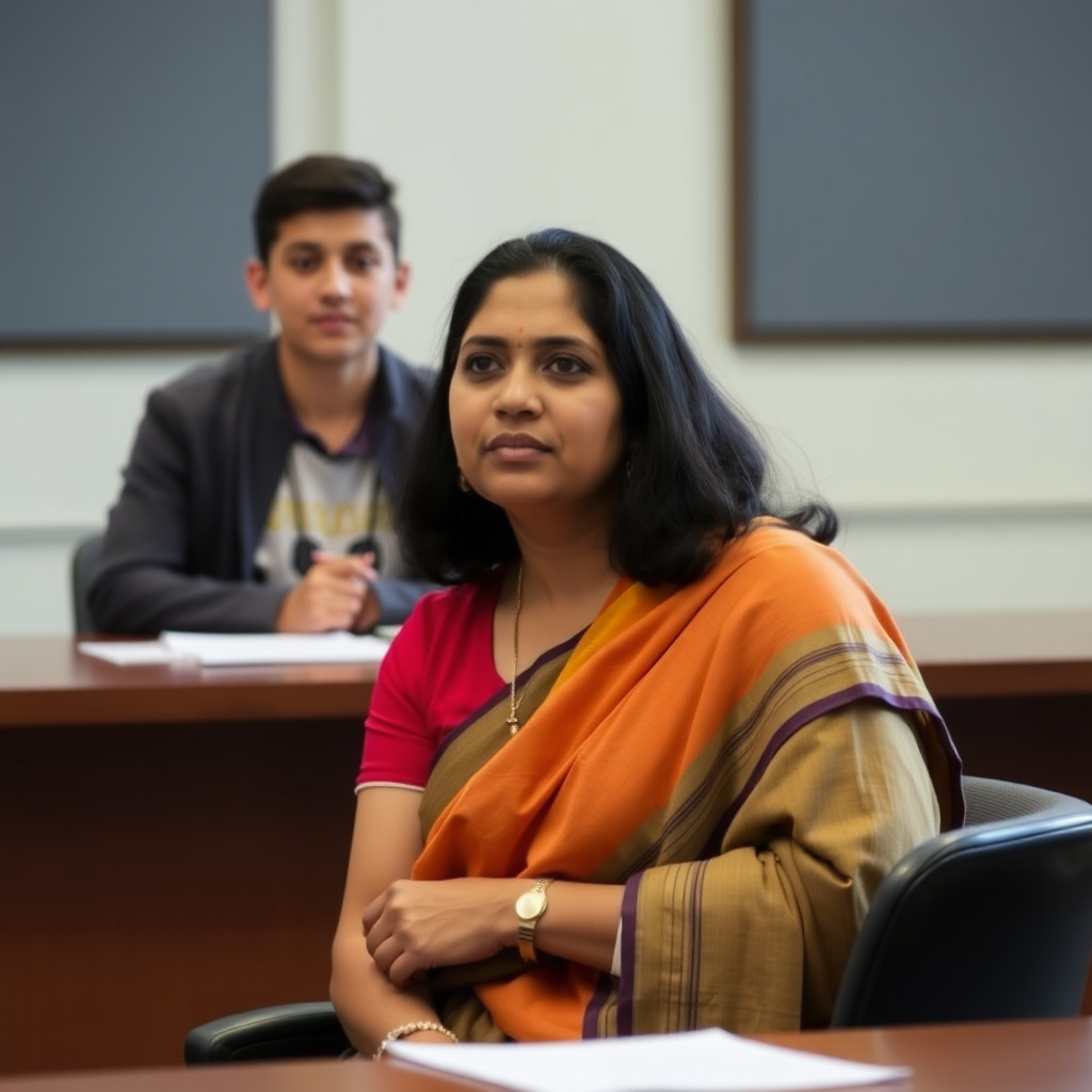 A female counsellor of Indian descent, sitting in a chair, in front of a table. Behind the table is a young person.