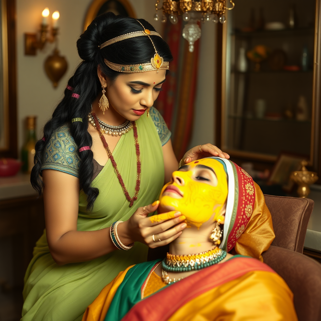 Cleopatra, working in a beauty parlour, giving turmeric facial to a rich, traditional Indian wife.