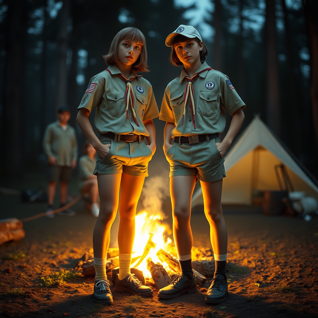 two tall 14yo teen boys, long bob cut, wearing American boy scout uniform with uniform matching very tight booty shorts, tube socks, shoes, cap, long legs, narrow thighs. a campfire. full-length view. 1980s. photorealistic, ultra high resolution, 16K, Negative: grainy, blurry, bad anatomy, extra limbs, watermark.