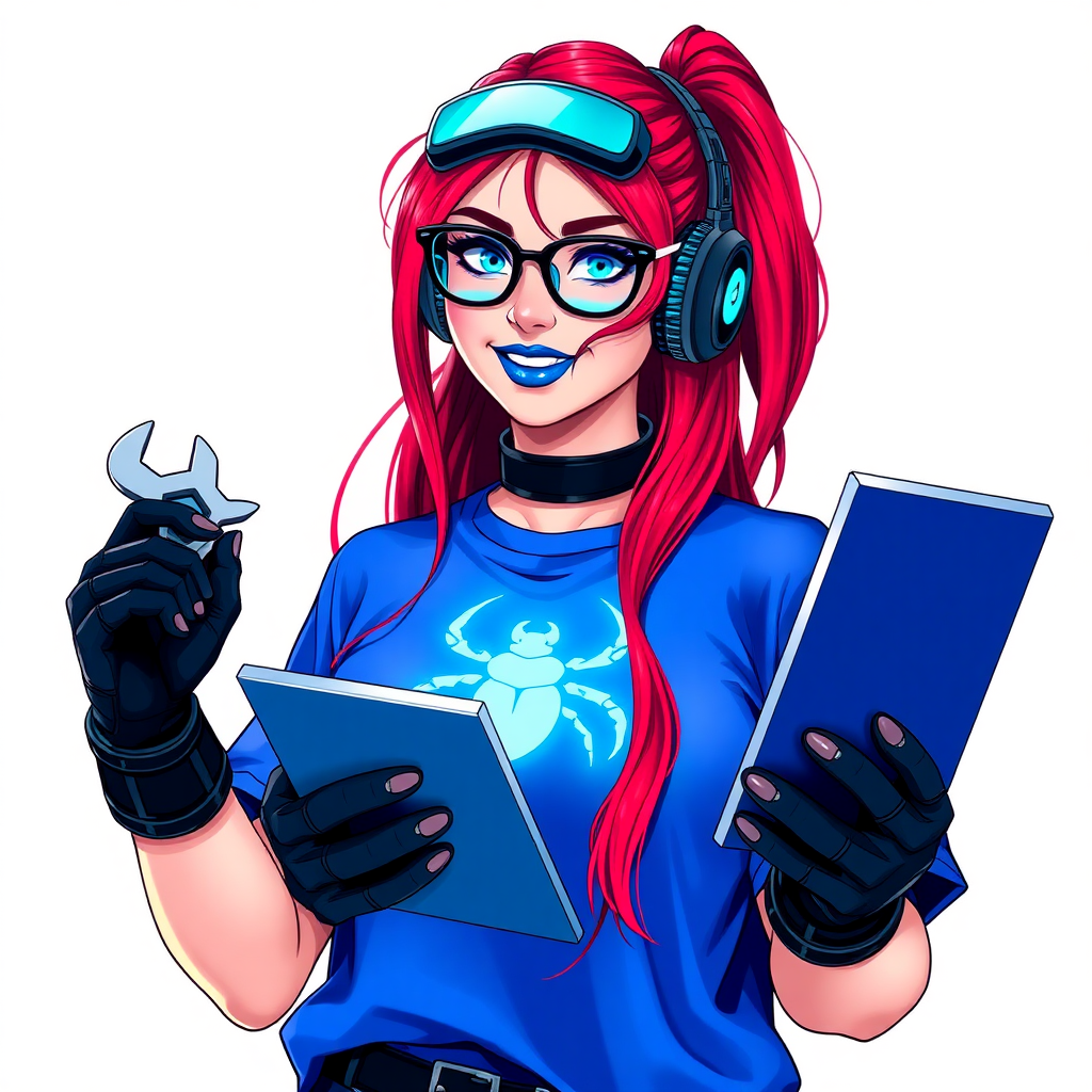 An intelligent and tech-savvy 29-year-old computer hacker and tech genius. She has a long ruby red ponytail. She wears maximum blue lipstick, blue eyes, a sapphire beetle gemstone necklace, sapphire earrings, black eyeglasses, hi-tech power gloves, and an oversized maximum blue t-shirt featuring a neon blue glowing beetle chest icon. She has a full-figured, well-rounded physique, reflecting her well-cared-for lifestyle. She sports a sapphire headset with a hi-tech maximum turquoise lensed HUD, and a beaming smile accentuated by a passionate neon red blush. She serves as his tech expert from his hideout, holding a futuristic tool wrench and a futuristic digital tablet. The background is solid white. She is drawn as if she was in a retro 2D cyberpunk fighting game.