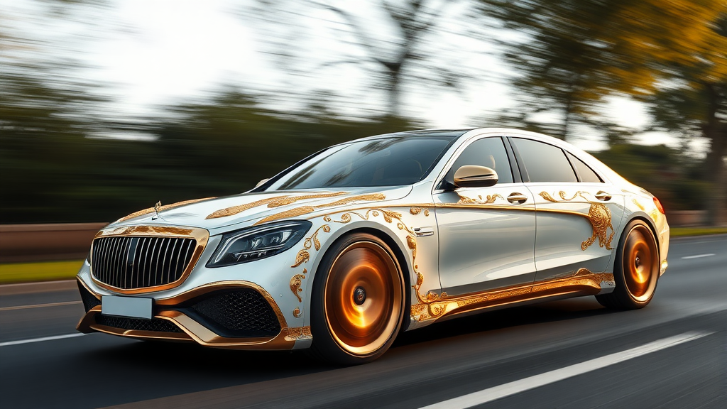 futuristic maybach sedan , A luxurious, white and gold-plated car adorned with intricate, ornate designs and carvings.  road motion blur