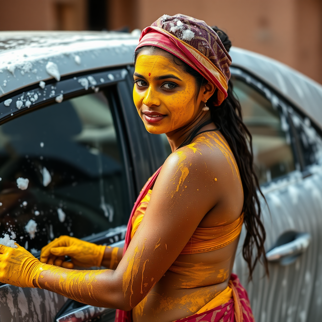 slim, curvy, traditional 30 year old indian maid with hair covering, her face is covered with turmeric mask and body is covered with soap lather. she is washing a car