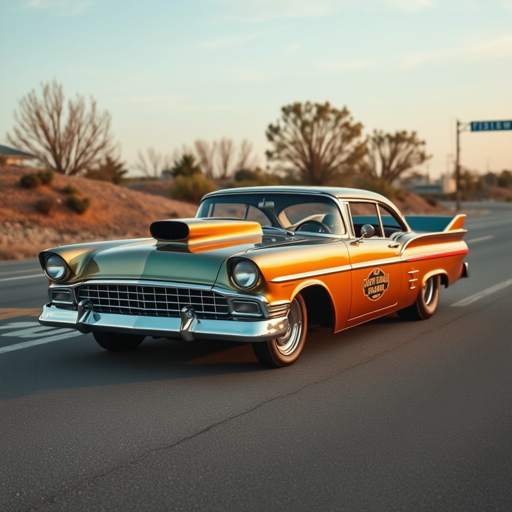 The drag car is parked on the side of the road, inspired by Taiyō Matsumoto, tumblr, restomod, nd4, c4 metallic shine classic american low rider custom paint ford alev desenler