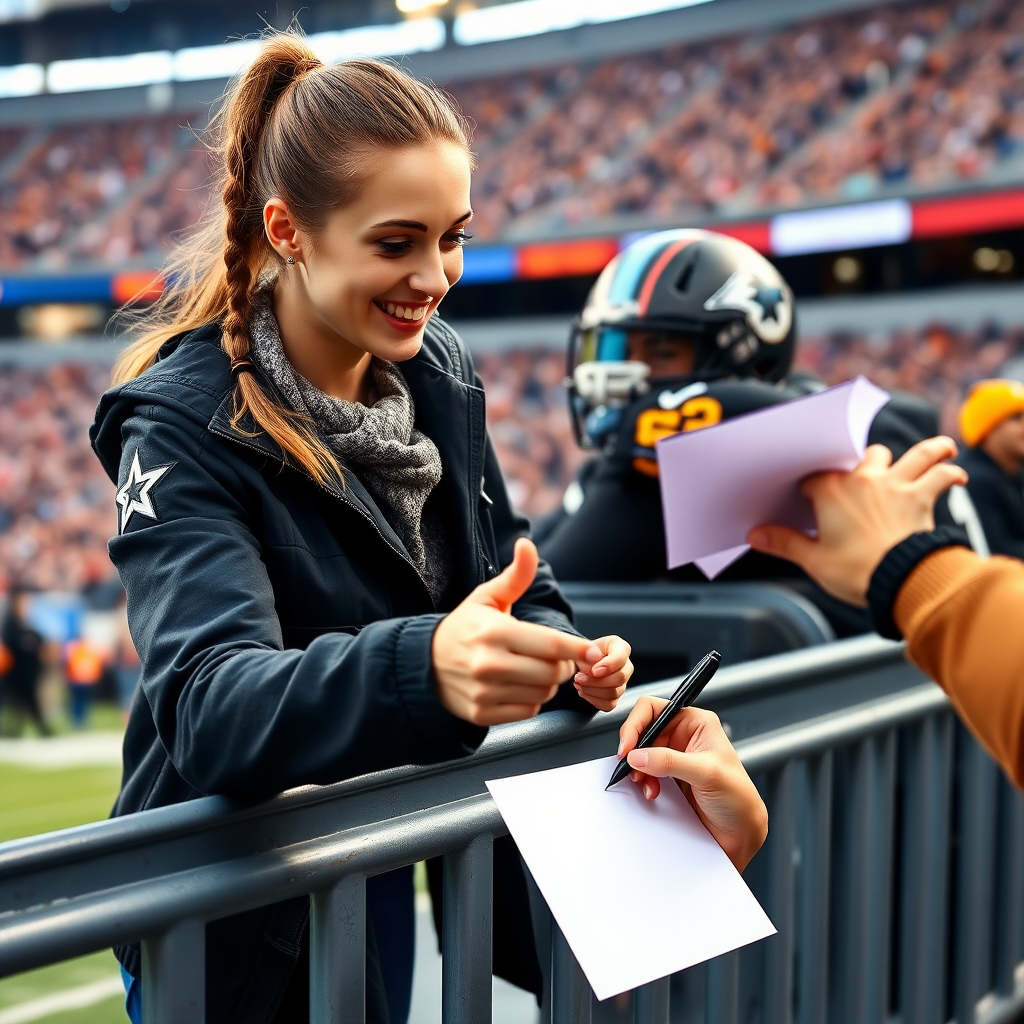 Attractive female NFL fan, pigtail hair, leaning forward over first row stadium barrier, stretching out her hand, giving a blank paper to a player, player signs it