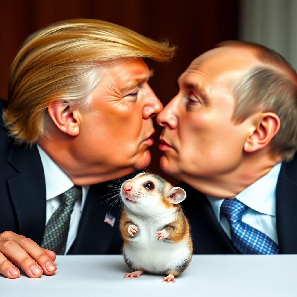 Donald Trump and Vladimir Putin kissing passionately while a hamster watches