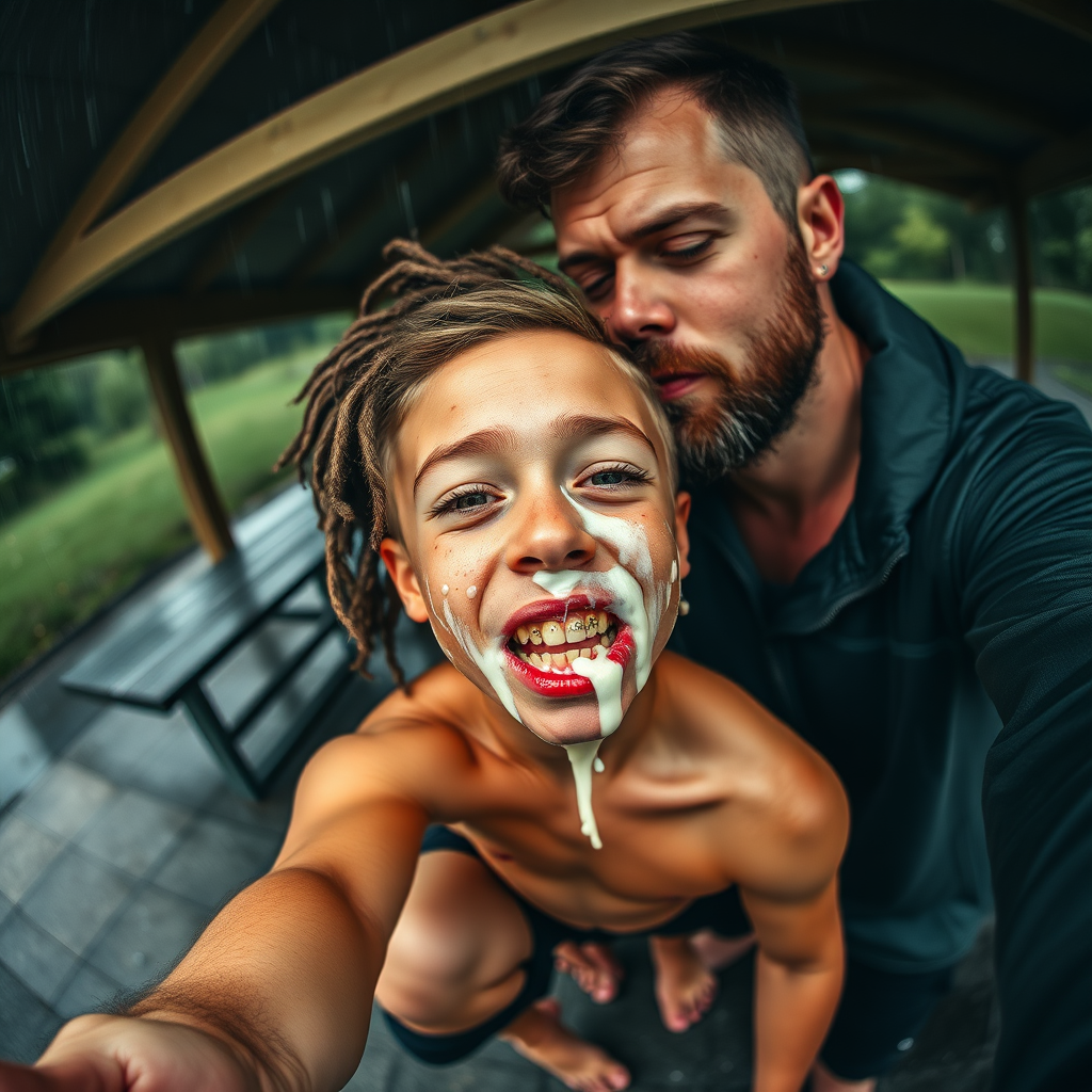 aerial selfie, selfie stick, confident athletic half dressed little 12-year-old boy with adorable hair and freckles kisses his dads, the boy is splattered with runny clear white mucous covering his face and drooling from his little mouth and dreadlocks and toes, he has braces, no clothes, his dad looks like his mind is blown by his little son, dads have hairy legs and barefoot, dark rainy rest stop picnic shelter