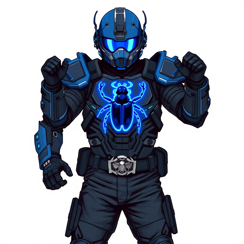 A 28-year-old cyberpunk vigilante stands heroically, clad in a high-tech, maximum blue nanoarmor featuring a neon blue glowing beetle on the chest. They wear black biker pants, a black belt with a sapphire beetle buckle, and a maximum blue full helmet with neon blue glowing lenses. Their hands are protected by black metal gloves, all set against a solid white background. He is drawn as if he was in a retro 2D cyberpunk fighting game.