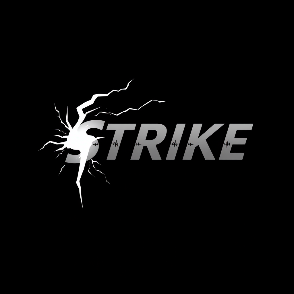 "Strike" with a sharp fort on a black background and with font. Make it with some lightning motives. Black and white