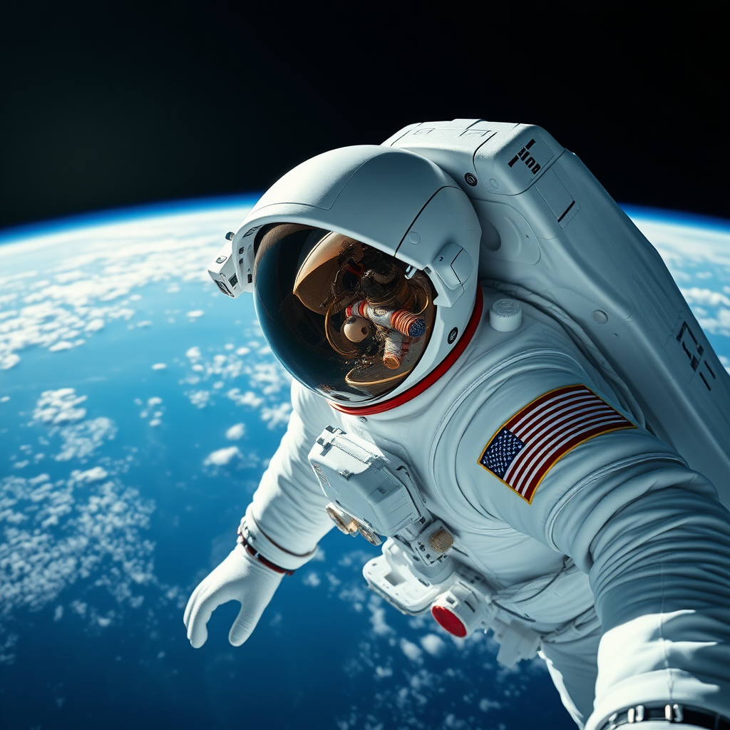 Astronaut in a space suit, captured in a hyper-realistic style, floating in the vastness of outer space. The scene shows the curvature of Earth below, vibrant blues of the oceans speckled with white clouds, and the stark blackness of space surrounding. The astronaut’s visor reflects a detailed glimpse of another astronaut working on the International Space Station, highlighting their intricate equipment. The suit is predominantly white with colorful mission patches and an American flag, emphasizing a sense of adventure and exploration. The lighting is bright, showcasing the textures of the suit and the reflective visor, creating a dramatic contrast between light and shadow.