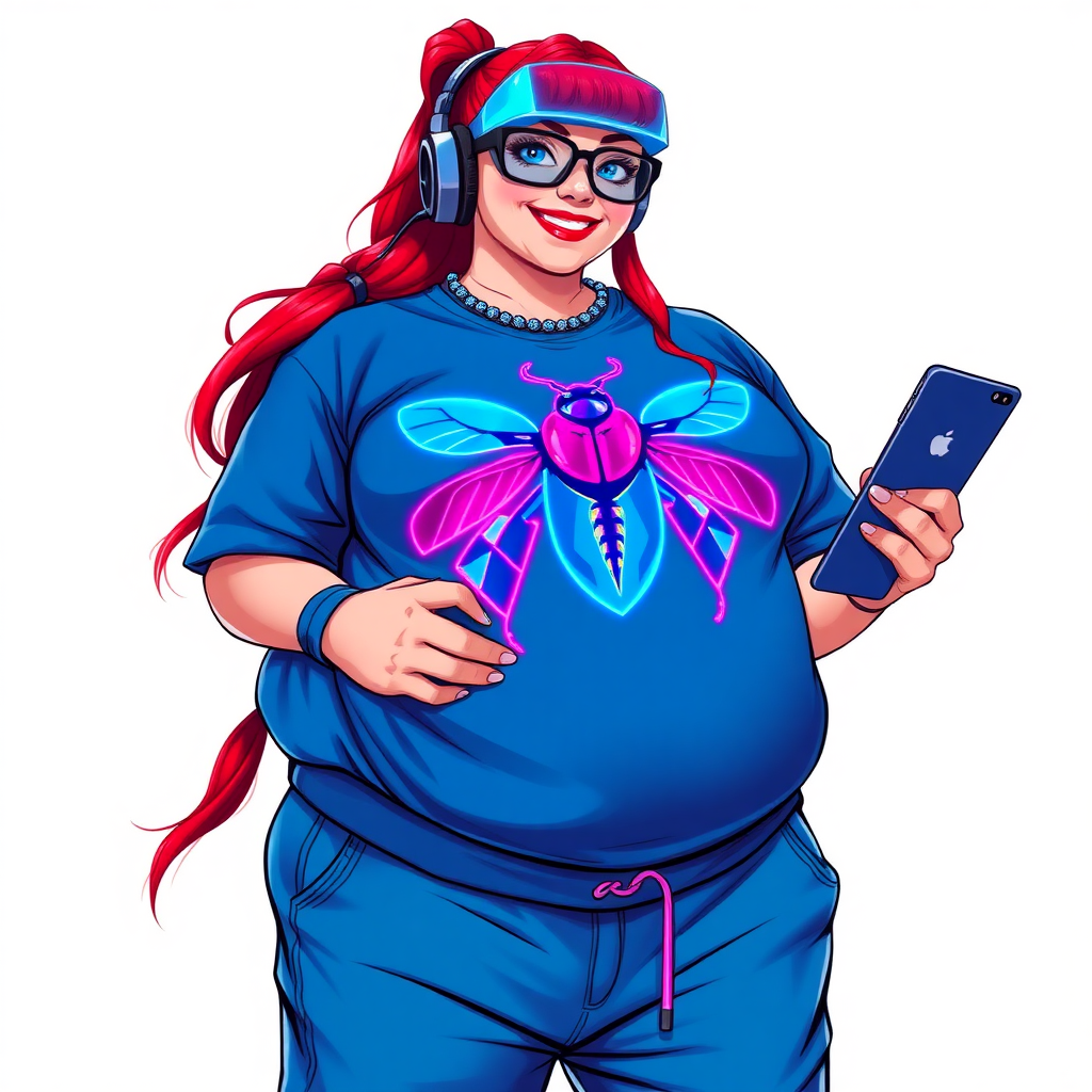 A cyberpunk vigilante’s full-figured intelligent and tech-savvy 29-year-old girlfriend, who is a computer hacker and tech genius. She has a long ruby red ponytail and bright blue eyes. She wears a sapphire beetle gemstone necklace, an oversized Maximum Blue (RGB 71, 171, 204) t-shirt featuring a giant neon blue chest icon of a winged beetle, and matching Maximum Blue sweatpants. She has a full-figured physique with a prominent, enormous, round midsection, reflecting her well-cared-for lifestyle. She sports a sapphire headset with a hi-tech sapphire lensed HUD visor, Maximum Blue (RGB 71, 171, 204) lipstick, black eyeglasses, and a beaming smile with a passionate bright red blush. Despite her figure and a lack of self-esteem, she radiates an air of beauty. She has an angular face which contributes to her radiant beauty. She serves as his tech expert from his hideout, holding a holographic tablet and a hi-tech tool wrench. The background is solid white. She is drawn as if she was in a retro 2D cyberpunk fighting game. Make sure her outfit covers her midsection.