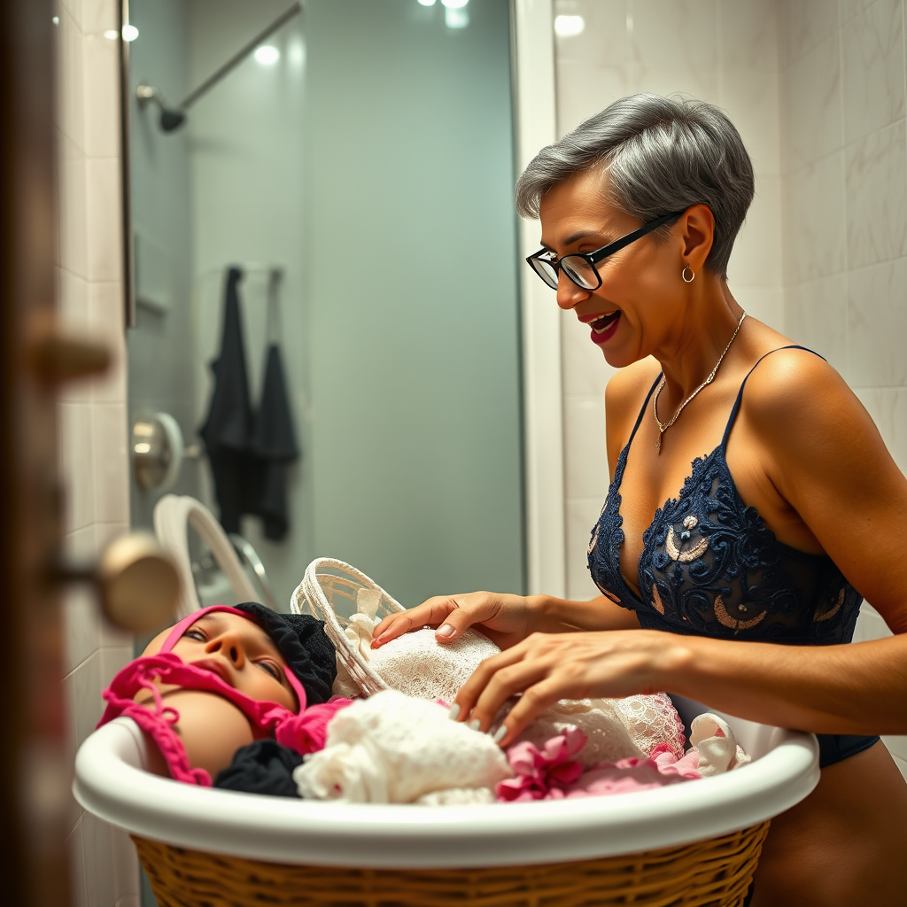 In a bathroom, an amazed European skinny boy is frantically rummaging in a basket full of lingerie. He is watched from a distance by a gorgeous 45-year-old European Latina with a sharp aquiline nose, wrinkles, high cheekbones, and Middle Eastern features. She has tanned skin, rounded Medium breasts, skinny thighs, and a big rounded ass. Her full makeup and jewelry enhance her serious expression, while her sharp nose adds to her elegance. She appears shocked, with a smile and an open mouth, blushing and looking somewhat horny. Her ash hair is styled in a short bowl cut, slicked back, and her brown eyes are accentuated by glasses. She is wearing a navy blue sheer embroidered leotard made of detailed fabric. The scene is captured in a full-body landscape wide shot, in focus.