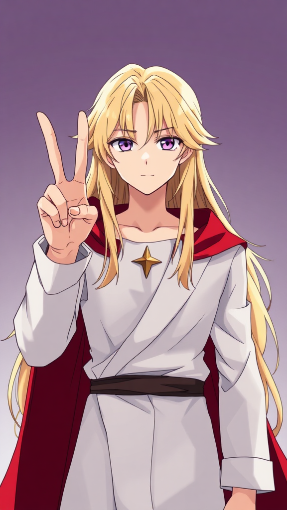 anime long haired blonde boy peace sign, white robe, red cape, flat chest, flat chested, feminine face symmetrical