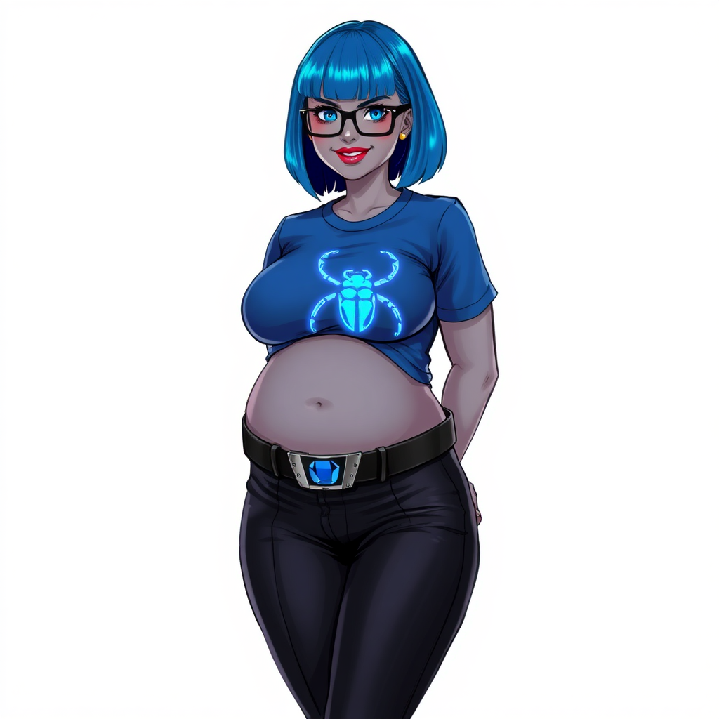 A 28-year-old, full-figured, metallic middle gray skinned computer program hybrid with a maximum blue bob cut. She has a non-athletic build, highlighted by a prominent, round, large midsection (with a full emphasis on her belly). As a digital sidekick, computer hacker, and nerdy girlfriend to her cyberpunk vigilante boyfriend, her middle gray metallic skin and maximum blue lipstick emphasize her digital nature. She wears a costume consisting of a tight-fitting, maximum blue t-shirt (accentuating her large belly) with a neon blue glowing chest icon of a beetle, black pants, a black belt with a sapphire scarab buckle, and black gloves. Her bright blue eyes, black eyeglasses, and lovestruck smile with neon red blush accentuate her nerdiness. She stands bashfully with her hands behind her back, her t-shirt covering all her skin (especially her large belly) and emphasizing her full-figured, non-athletic physique. She is on a solid white background. She is drawn as if she was in a retro 2D cyberpunk fighting game. She is clearly non-athletic, with emphasis on her full-figured physique. Ensure her t-shirt covers her midsection (especially her large belly).