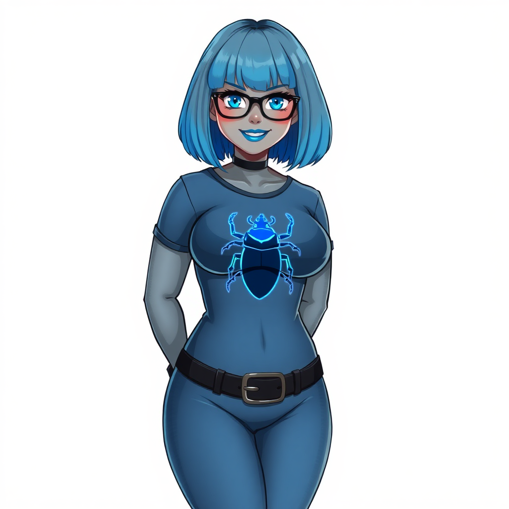 A 28-year-old, full-figured, middle gray metallic-skinned computer program-human hybrid with a maximum blue bob cut. She has a non-athletic build, highlighted by a prominent, round, large midsection. As a digital sidekick, computer hacker, and nerdy girlfriend to her cyberpunk vigilante boyfriend, her middle gray metallic skin and maximum blue lipstick emphasize her digital nature. She wears a tight-fitting, maximum blue t-shirt with a neon blue beetle chest icon, a black belt with a sapphire scarab buckle, and black gloves. Her bright blue eyes, black eyeglasses, and lovestruck smile with neon red blush accentuate her nerdiness. She stands bashfully with her hands behind her back, her bodysuit covering all her skin and emphasizing her full-figured, non-athletic physique. She is on a solid white background. She is drawn as if she was in a retro 2D cyberpunk fighting game. She is clearly non-athletic, with emphasis on her full-figured and pudgy physique.