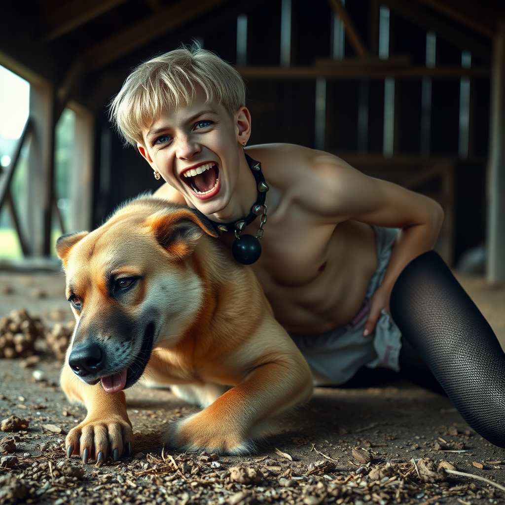 photorealistic, ultra high resolution, 16K, surreal fantasy, soft studio lighting, Caleb Swift is a pretty 16 year old goth male , slim male physique, blonde hair, blue eyes, goth makeup, earrings, glittering black pantyhose, spikey neck collar with chain, crawling on the floor of the barn straddling while a large dog rests its front legs on Caleb's back, during daytime, excited open mouth smile, small black ball-gag, drooling a stream of saliva from his mouth, bulging crotch, full body in wide view from side with Tyler facing the camera.