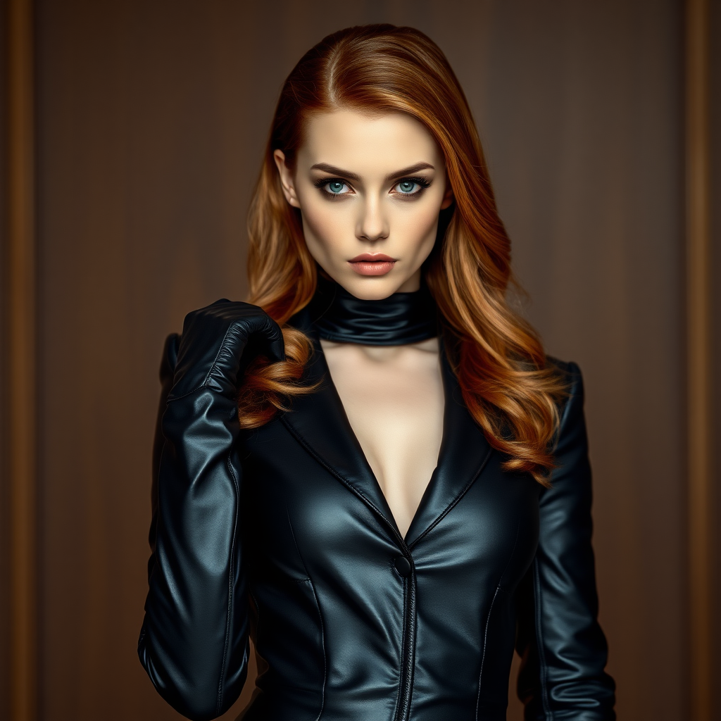 A gorgeous professional photo of a beautiful, young, slim, tall, pale auburn-haired woman in expensive, elegant black leather suit and leather pencil dress with long leather gloves and long leather boots. She is looking unamused, dominant, in control and powerful. femme fatale, 32k resolution, sharp focus, hyperrealistic, photography, highly detailed, smooth, nikon, award winning, breathtaking, groundbreaking, superb, outstanding.