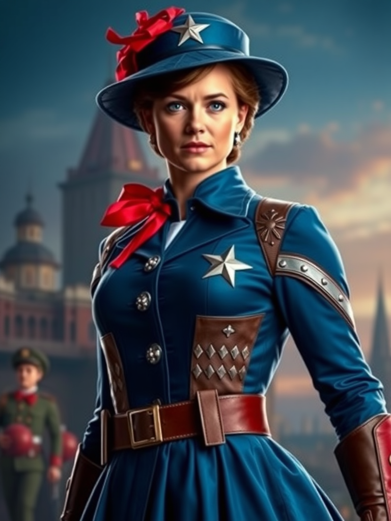 Create a full-length rendered image of Mary Poppins, using Steve Rogers' male figure for the body. Retain Mary Poppins' head, hairstyle, and facial features. Incorporate her iconic costume while adding embellishments inspired by Captain America's uniform. Adjust the costume to fit Steve Rogers' proportions. Design a background that harmoniously combines elements from both characters, emphasizing their unique worlds and styles. Ensure the image captures the whimsical charm of Mary Poppins alongside the heroic essence of Steve Rogers, merging their characteristics into a cohesive and striking new portrayal.