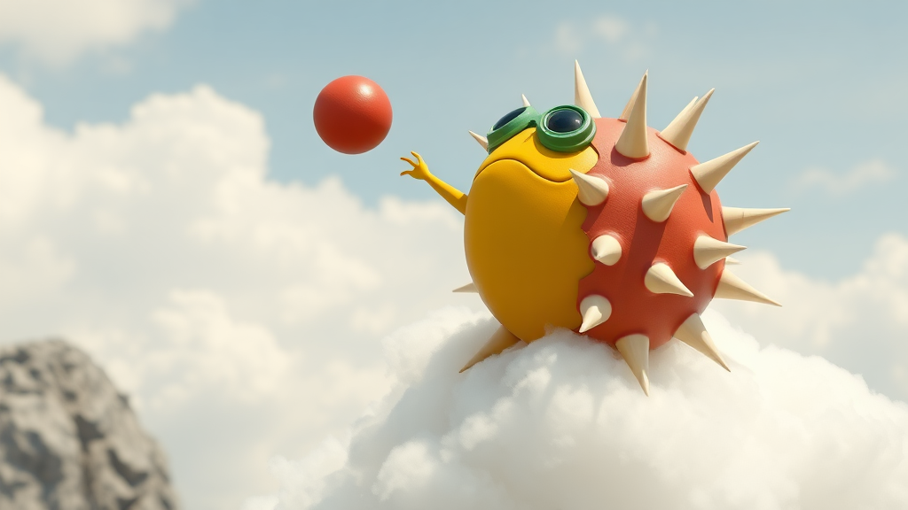 Exterior. Day. A round yellow creature with green goggles riding a puffy white cloud. It throws a round red ball with large ivory spikes.