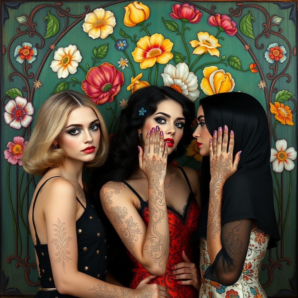 Promt by picture with: In the Max Klimt style. Women (one is blonde and two are black-haired) with filigree henna tattoos on their hands and arms stand in front of an Art Nouveau relief with colorful flowers painted on a green background. They have very, very white skin. The hairstyles are also in Art Nouveau.