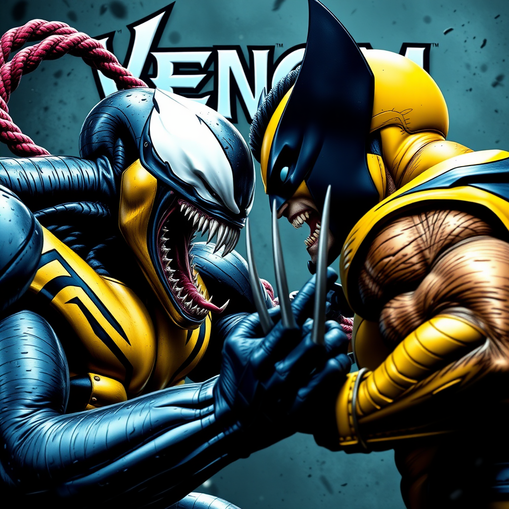 On a comic book cover is Venom Vs Wolverine in Cinematic Real3d photo-realistic quality.