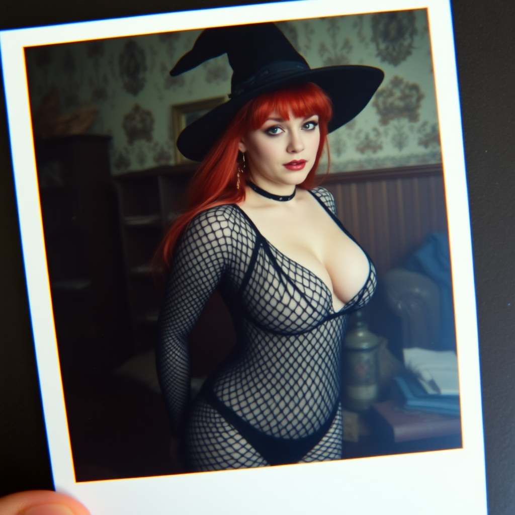 Scan of an old polaroid photo with heavy dark vignetting and a blue color tint to the photograph and visible light leaks. The photo depicts a sexy alt goth girl with pale skin and red hair. She has a plump booty. She has large breasts with ample cleavage and is wearing a black fishnet bodysuit. She is wearing a witch hat. The image looks hazy and grungy. She is in an old house with wallpaper on the walls. Dark lighting with camera flash used. Candid