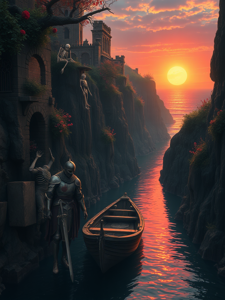 A solitary knight, his armor pockmarked and stained with crimson, leans against the bow of a small, rickety boat, shrouded in a somber light. He is surrounded by the grandeur of nature, as if he's been swallowed by its silent power. The river, a narrow waterway winding its way between towering cliffs, reflects the hues of the setting sun – a spectacle painted in shades of fiery orange and deep purple. The walls of the cliffs are a tapestry of nature's resilience, with ancient ruins crumbling and covered in vibrant foliage and vines. Skeletons of fallen warriors, their once-mighty armors now rusted and decaying, hang precariously from the branches of ancient trees, adding to the oppressive silence of the scene. The cliffs gradually open, revealing a glimpse of the vast ocean, its water a mirror of the sky ablaze with the dying light of the sun, offering both a sense of hope and isolation.