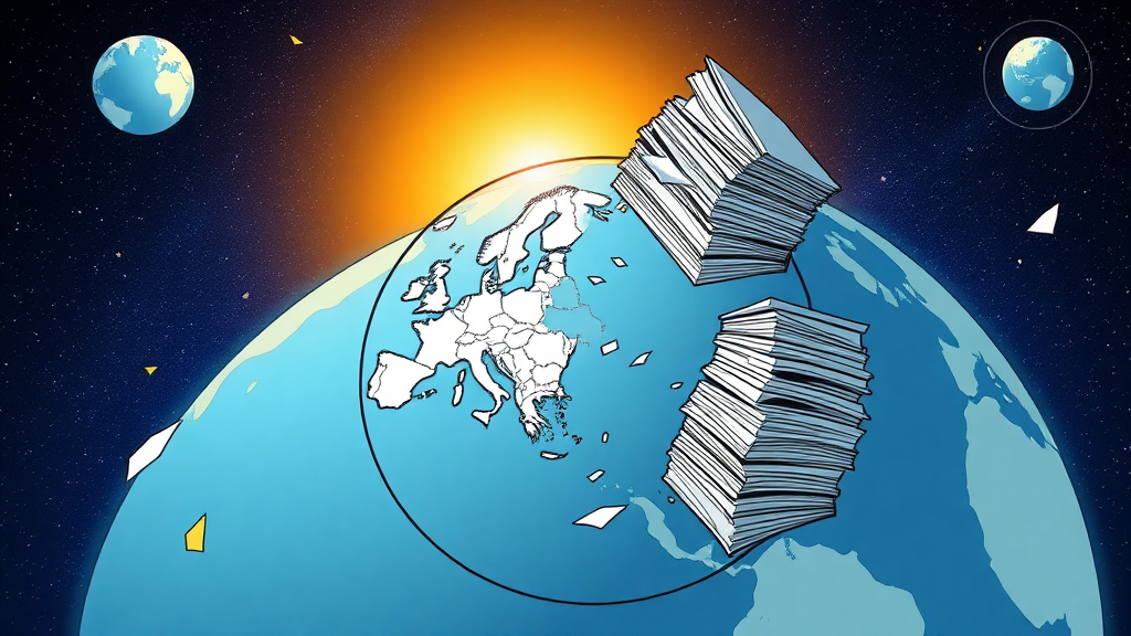 comic drawing of a globe showing Europe and the US getting with a massive stack of papers that goes to the stratosphere